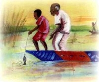 Un jeune garçon pèche avec son grand-père, debout sur une pirogue dans le lac