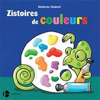 Un caméléon tient une palette de couleurs sur un fond bleu et vert.