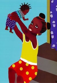 illustration d'Hortense Mayaba parue dans Eza ma poupée, éd. Ruisseaux d'Afrique petite fille soulevant sa poupée