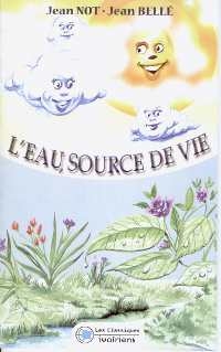 En bas, un ruisseau entouré d’herbe et de fleurs ; en haut, dans un ciel opalescent, le soleil et les nuages représentés avec des visages souriants.