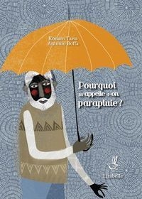 Un vieil homme noir tient un parapluie orange sur un fonds gris.