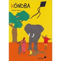 Un éléphant d'Afrique, deux personnages et un arbre sur fond jaune