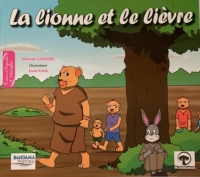 la lionne et le lièvre parlent ensemble avec un lapin au premier plan