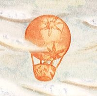 Une montgolfière orange s'envole dans un ciel gris. Quelques nuages.