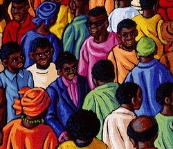 Peinture d'une foule de personnages à la peau noire, aux vêtements très colorés
