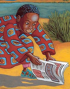illustration, garçon lisant un journal posé par terre