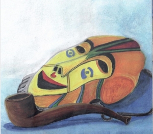 Kaléta Un masque jaune et orange et une pipe